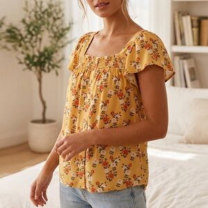 No Boundaries Floral Smocked Button-Front Top Yellow S